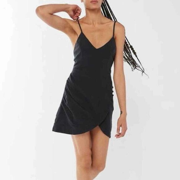 Urban Outfitters Black Linen V-neck Sleeveless Cami Camisole Mini A-line Dress M - Picture 1 of 6